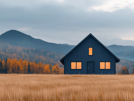 A blue house with large windows stands alone in a golden field. Surrounding the house are vibrant autumn trees and distant mountains under a gray sky creating a serene atmosphere.の素材