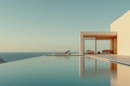 Luxurious villa features an infinity pool reflecting the sunset sky over the calm ocean. Minimalist design includes large windows and a comfortable seating area providing stunning views.の素材