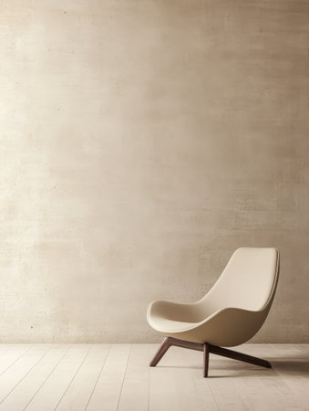 A sleek beige chair with a curved design rests on a light wooden floor. The backdrop features a smooth neutral-toned wall enhancing the modern aesthetic of the interior.の素材