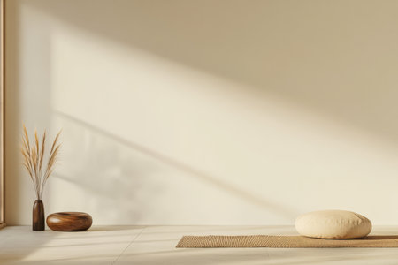 A serene indoor space featuring a soft round cushion and decorative vases. The warm light filters in through large windows creating a calming atmosphere perfect for meditation or relaxation.の素材