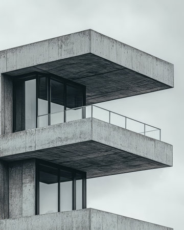 A unique modern building features multiple geometric balconies and large glass windows.の素材