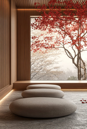 Soft stone seating invites relaxation in a serene modern space. Large window displays vibrant red foliage against a tranquil backdrop enhancing the peaceful atmosphere.の素材