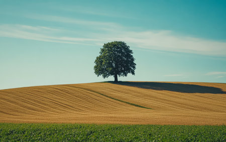 A lone tree stands atop a rolling hill surrounded by fields of golden wheat. The sky is clear and blue casting a gentle light on the serene rural landscape in the afternoon.の素材