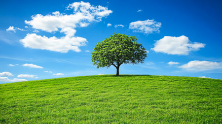 A vibrant hillside covered in lush green grass supports a single tree against a clear blue sky. Fluffy white clouds drift by in the warm sunlight creating a serene outdoor atmosphere.の素材