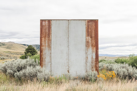 In a desolate area a rusty metal wall rises amidst tall grasses and wildflowers reflecting a forgotten environment. The cloudy sky looms over the rugged landscape enhancing its solitude.の素材