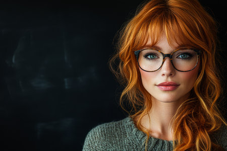 A young woman with long red hair and glasses gazes thoughtfully into the distance. She wears a cozy sweater and is illuminated by soft natural light creating a serene atmosphere.の素材