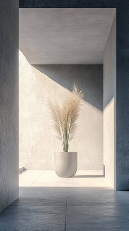 A serene indoor space showcases a tall decorative plant in a simple pot. Soft sunlight filters through the walls casting gentle shadows and highlighting the minimalist aesthetics of the room.の素材