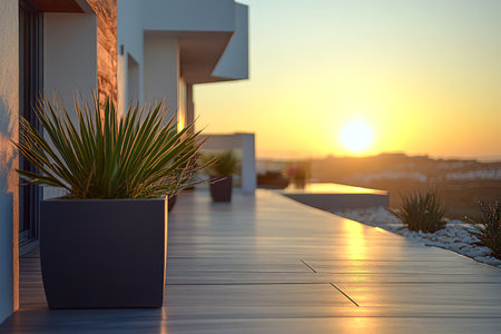 A beautiful sunset paints the sky in warm colors as it sets behind a contemporary terrace adorned with potted plants. The scene captures tranquility and a sense of relaxation.の素材