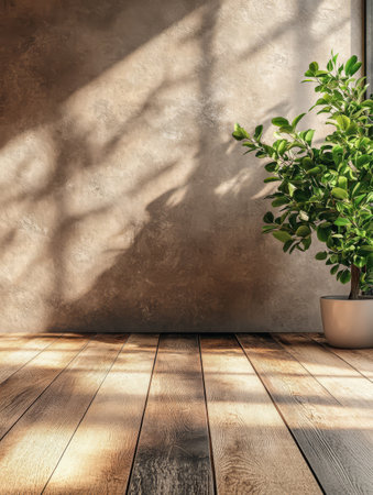 Warm sunlight filters through creating intricate shadows on the wooden floor. A vibrant green potted plant adds a touch of nature to the minimalist room.の素材