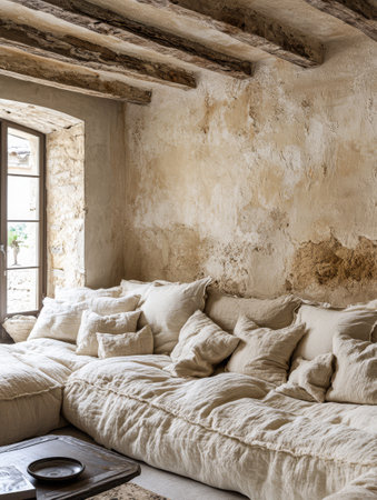 Soft cushions are arranged on a spacious sofa while warm sunlight streams through a large window. The textured walls and wooden beams enhance the rustic charm of the living space.の素材