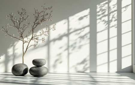 Minimalist design features three smooth stones and a delicate branch positioned on a light surface.の素材