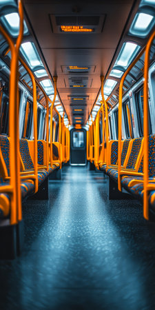 Brightly lit subway train features an empty aisle with vibrant orange seats. Natural light fills the space creating a welcoming atmosphere. The train is poised to continue its journey.の素材