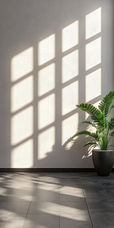 Sunlight filters through a grid window creating dynamic shadows on a smooth wall. A lush green plant in a pot adds a touch of nature to the modern interior space.の素材