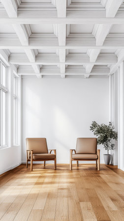 Two simple wooden chairs sit facing each other in a bright room with large windows. A potted plant adds a touch of greenery to the minimalist decor.の素材