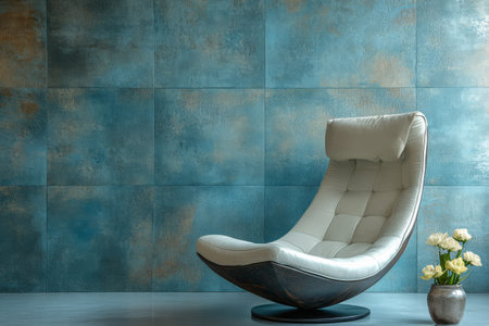 A contemporary lounge chair features a sleek design and soft cushions positioned against a textured blue wall. In front a small vase holds fresh flowers enhancing the decor.の素材