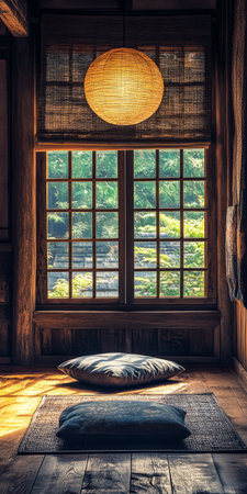 Soft light filters through large windows illuminating a simple room with natural wood features. Cushions rest on a woven mat creating a peaceful spot for relaxation and reflection.の素材