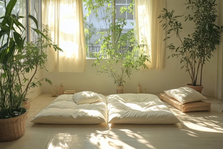 Soft floor cushions sit in a sunlit room surrounded by indoor plants. The warm glow from the windows creates a peaceful atmosphere ideal for meditation or relaxing.の素材