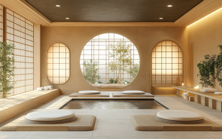 A serene spa interior showcases minimalist design with neutral tones and circular windows. Soft mats line a tranquil pond area while natural light enhances the soothing atmosphere.の素材