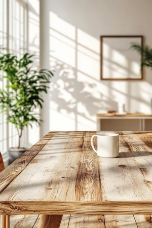 Sunlight streams through large windows casting shadows on a rustic wooden table. A simple white cup sits invitingly suggesting warmth and comfort in a peaceful indoor setting.の素材