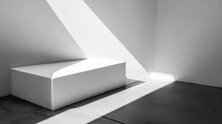 Sunlight streams through a corner casting sharp shadows on a smooth white geometric structure in a contemporary minimalist interior. The stark contrast creates a serene atmosphere.の素材