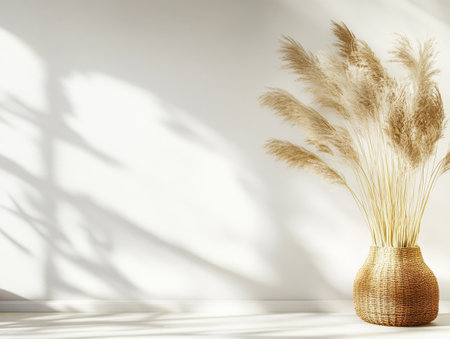 A beautifully arranged bunch of pampas grass stands tall in a woven vase casting soft shadows on a bright minimalist wall. Natural light enhances the serene atmosphere.の素材