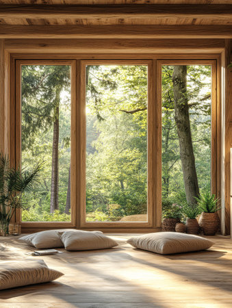 A cozy wooden space features large windows revealing a lush green forest outside. Soft cushions are placed on the floor inviting relaxation in this tranquil environment.の素材