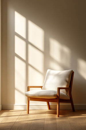 A comfortable armchair sits invitingly in a sunlit room casting soft shadows on a wooden floor. The warm light creates a serene and relaxing atmosphere perfect for reading or resting.の素材