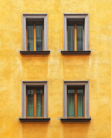 Four elegantly framed wooden windows with gray trims adorn a vibrant yellow wall showcasing a mix of colors in a lively urban environment.の素材