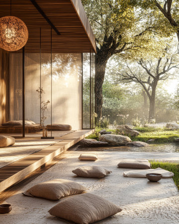 Soft light filters through trees in a peaceful garden setting with a wooden structure. Cushions are arranged on the ground near water inviting relaxation and reflection.の素材