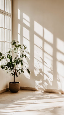 A potted plant stands in a corner of a well-lit room with soft shadows playing on the wall. Sunlight filters through large windows highlighting the serene ambiance.の素材