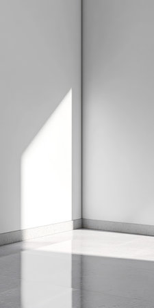A bright light from a window casts a soft shadow in the corner of a minimalist room with white walls and polished floors. The simplicity creates a calming effect inviting reflection.の素材