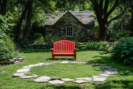 A red bench is placed on a stone path in a serene garden. It faces a charming rustic stone cottage surrounded by lush greenery and tall trees under bright sunlight.の素材