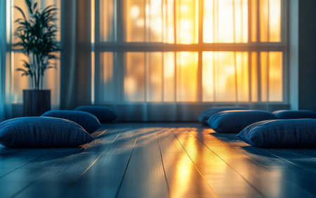 Cushions are arranged on a polished wooden floor illuminated by warm golden sunlight streaming through large windows during sunset. The atmosphere is peaceful and serene inviting relaxation.の素材