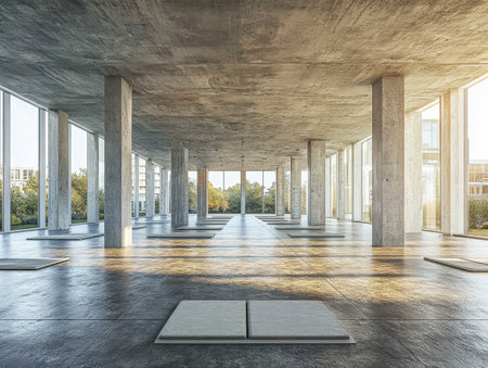 Spacious yoga studio features large windows that allow natural light to flood in. Mats are neatly arranged on the polished concrete floor creating a calming atmosphere for practice.の素材