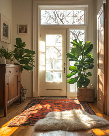 Bright sunlight filters through large windows into a warm entryway adorned with indoor plants a vintage rug and a plush throw creating an inviting atmosphere.の素材
