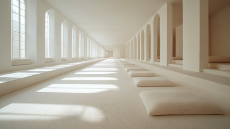 A serene meditation area features simple design elements large windows allowing soft light and comfortable seating on a warm floor.の素材