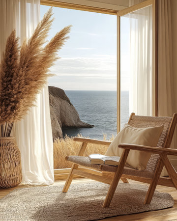 A comfortable chair sits near an open window showcasing a breathtaking view of the coastline and ocean. Soft light illuminates the space creating a warm and inviting atmosphere.の素材
