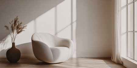 A minimalist living room features a soft curvy chair beside a stylish vase with dried plants.の素材