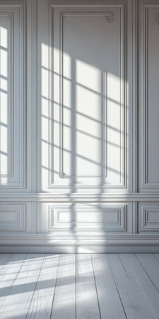 Natural light streams through large windows creating intricate shadows on the white walls and flooring of the stylish room. The space highlights the architectural details in the design.の素材