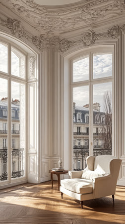 Bright airy room with white walls large windows revealing a beautiful city landscape. A comfy armchair and small table create a serene atmosphere perfect for relaxation.の素材