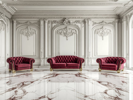 A spacious interior features three ornate burgundy sofas arranged in a lavish room. The marble floor and intricately designed walls reflect elegance and opulence.の素材