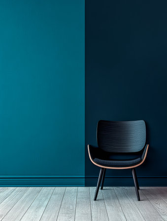 A modern black chair with sleek lines stands alone by a vivid blue wall that transitions from deep to light. The wood floor enhances the minimalist aesthetic of the room.の素材
