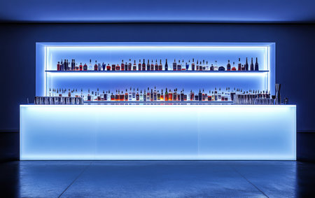 Shelves filled with diverse liquor bottles gleam under bright blue lighting. The sleek bar design emphasizes the vibrant colors of the bottles creating a contemporary atmosphere.の素材