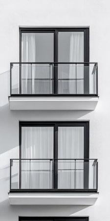 Two identical contemporary balconies are visible on a white building facade showcasing black frames and sheer curtains. The design emphasizes minimalism and elegance in architecture.の素材