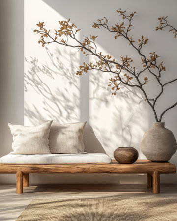 A warm and inviting living space features a wooden bench with soft cushions and a clay vase. Natural light casts gentle shadows from a decorative branch on the wall.の素材