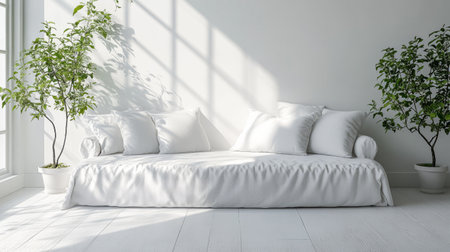 A serene living space features a white minimalist sofa adorned with plush pillows. Two potted plants enhance the tranquility illuminated by soft natural light from large windows.の素材