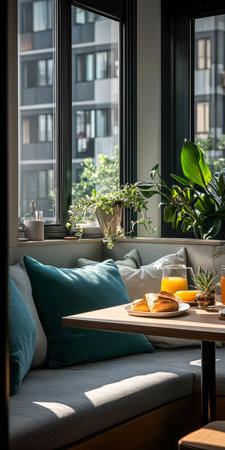 A comfortable breakfast nook features a stylish table set with croissants fresh juice and plants. Large windows allow sunlight to fill the space enhancing the relaxing atmosphere.の素材