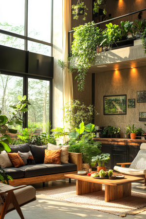 A spacious living area filled with vibrant indoor plants and large windows. Sunlight floods the room highlighting a comfortable sofa and a coffee table adorned with succulents and decorative items.の素材
