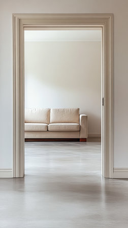 A bright and airy living room features a simple beige sofa visible through an open doorway. The space showcases a neutral color palette and minimalist decor enhancing tranquility.の素材