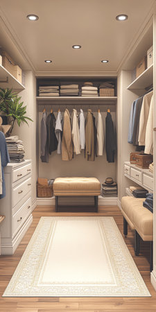 This stylish closet features neatly hung clothes on hangers organized shelves filled with folded items and a central bench for convenience. Soft lighting enhances the organized space.の素材